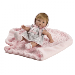 Papusa Bebelus cu paturica si rochita cu stelute, 34 cm, Berbesa Papusa Bebelus cu paturica si rochita cu stelute, 34 cm, Berbesa